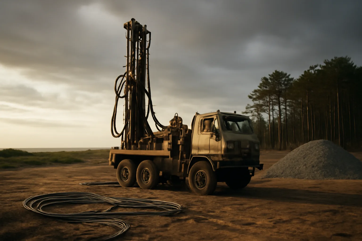 Rotary drill rig on a sandy Delaware lot during well work