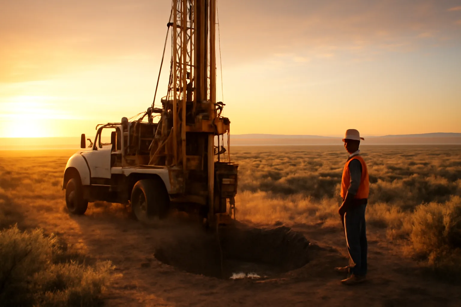 Sunrise drill rig on Idaho sagebrush during a water well job