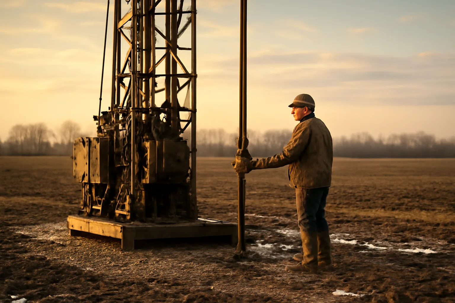 Rotary well rig on a muddy Illinois farm during well drilling
