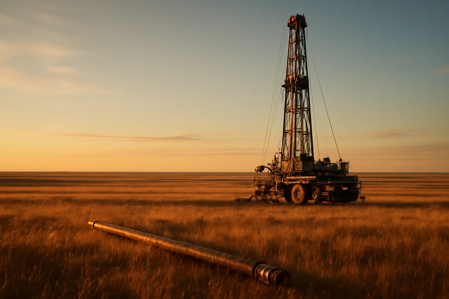 Well drilling rig working in South Dakota prairie at dawn