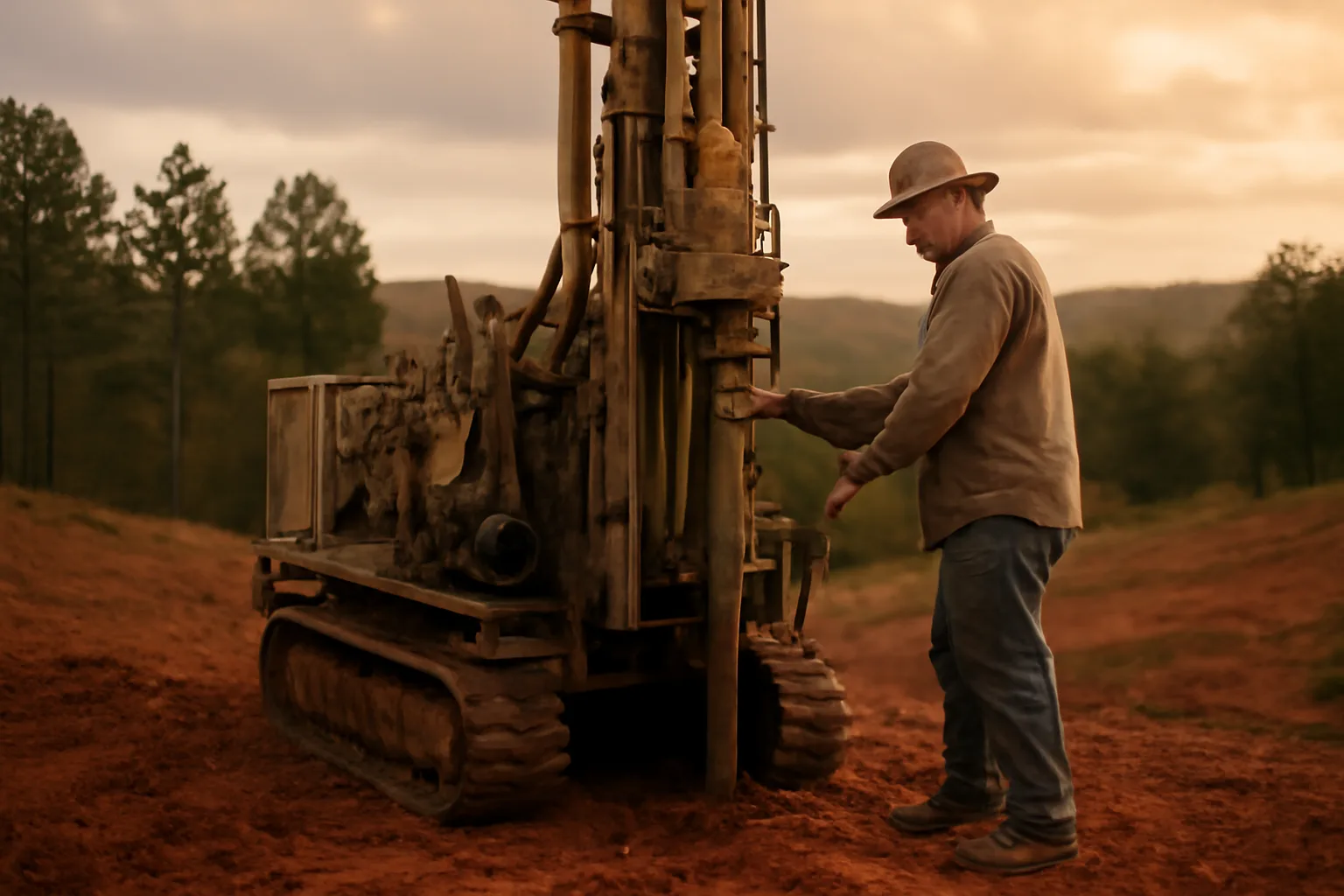 Well driller operating a rotary rig on a Tennessee hillside at golden hour