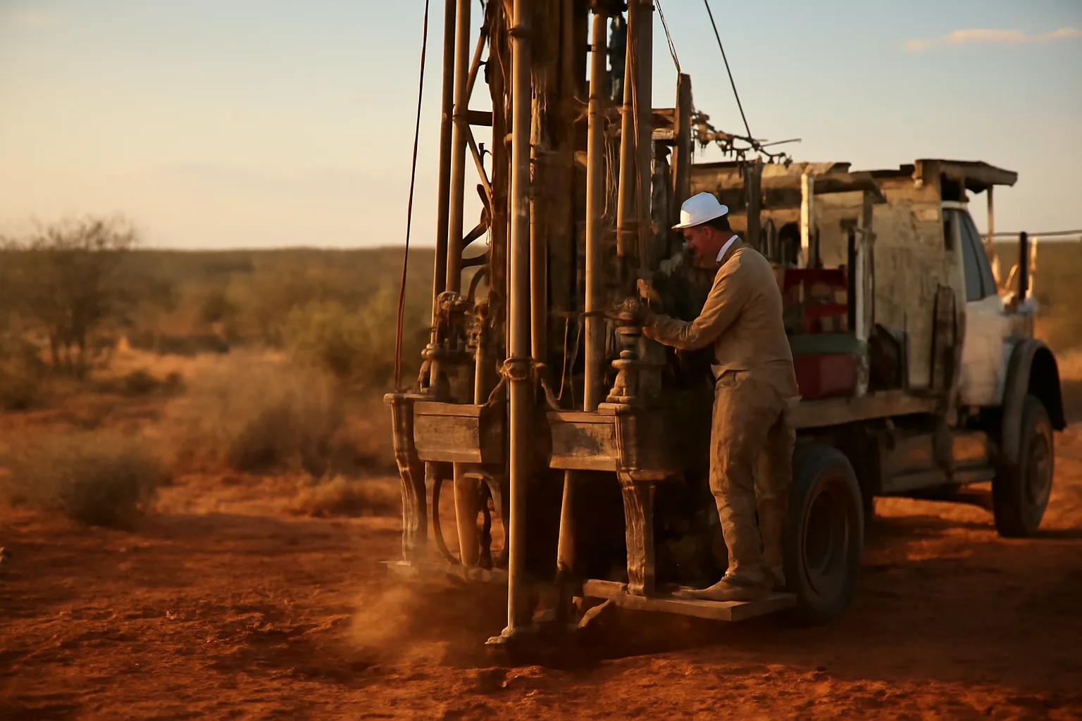 Water well drilling rig operating on a Texas ranch in afternoon sunlight